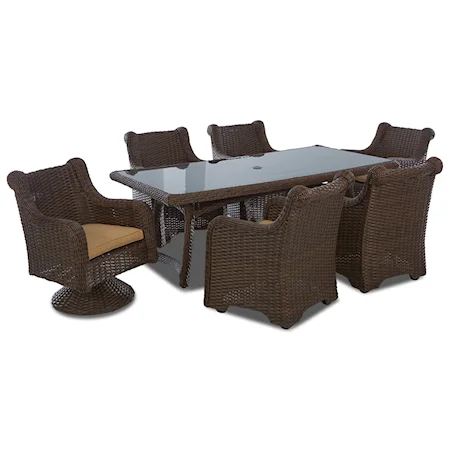 Seven Piece Outdoor Dining Set with Wicker Chairs & Reversible Cushions